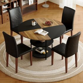 Table and chair set.A 47.3-inch diameter modern spliced color circular dining table - double-layer storage.Paired With 4 black PU dining chairs