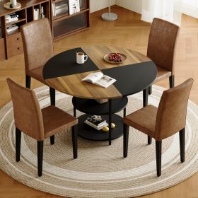 Table and chair set.A 47.3-inch diameter modern spliced color circular dining table - double-layer storage.Paired With 4 brown technology fabric