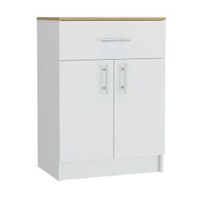 Pantry Organizer Cabinet 33" H, 1 Drawer, 2 Interior Shelves, 2 Doors, Ivory / Natural Oak (Color: White / Light Oak)